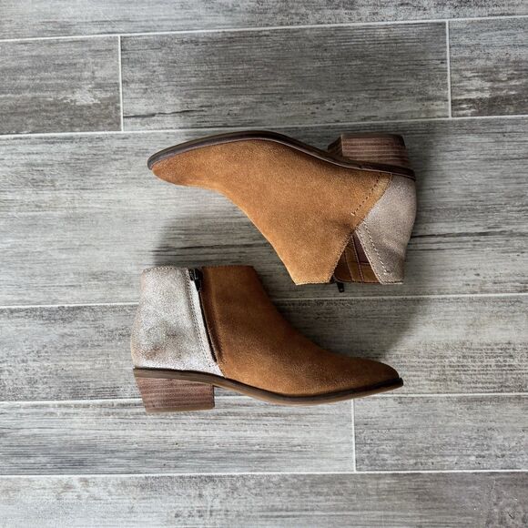 Frye & Co Caden Ankle Booties Size 7.5 Suede Cognac Glitter Heel - Picture 3 of 9